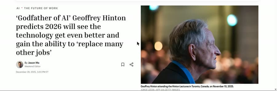 Fortune: 'Godfather of AI' Geoffrey Hinton predicts 2026 will see the technology get even better and gain the ability to 'replace many other jobs'